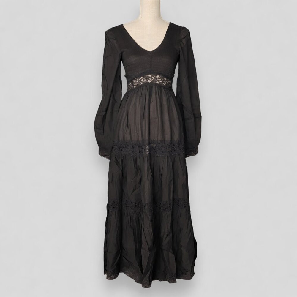 Goth Widow Cottagecore Boho Long Sleeve Smocked Peasant Dress Lace Maxi